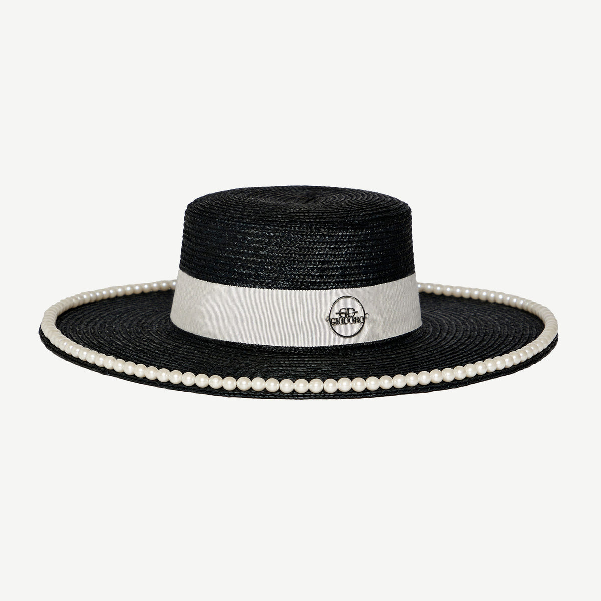 Ixonio Iconic Black Canotier Straw Pearl Hat