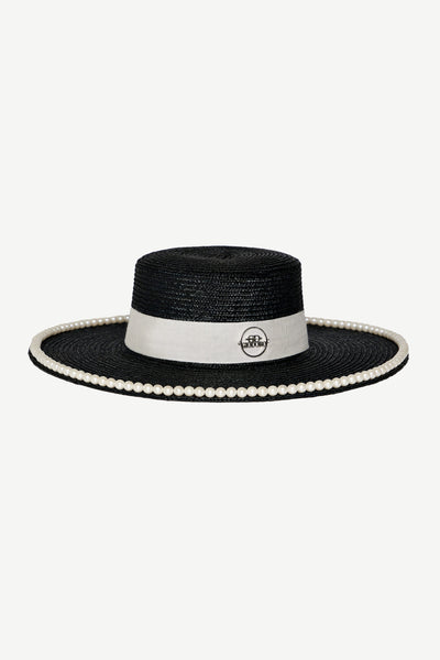 Ixonio Iconic Black Canotier Straw Pearl Hat display picture 1